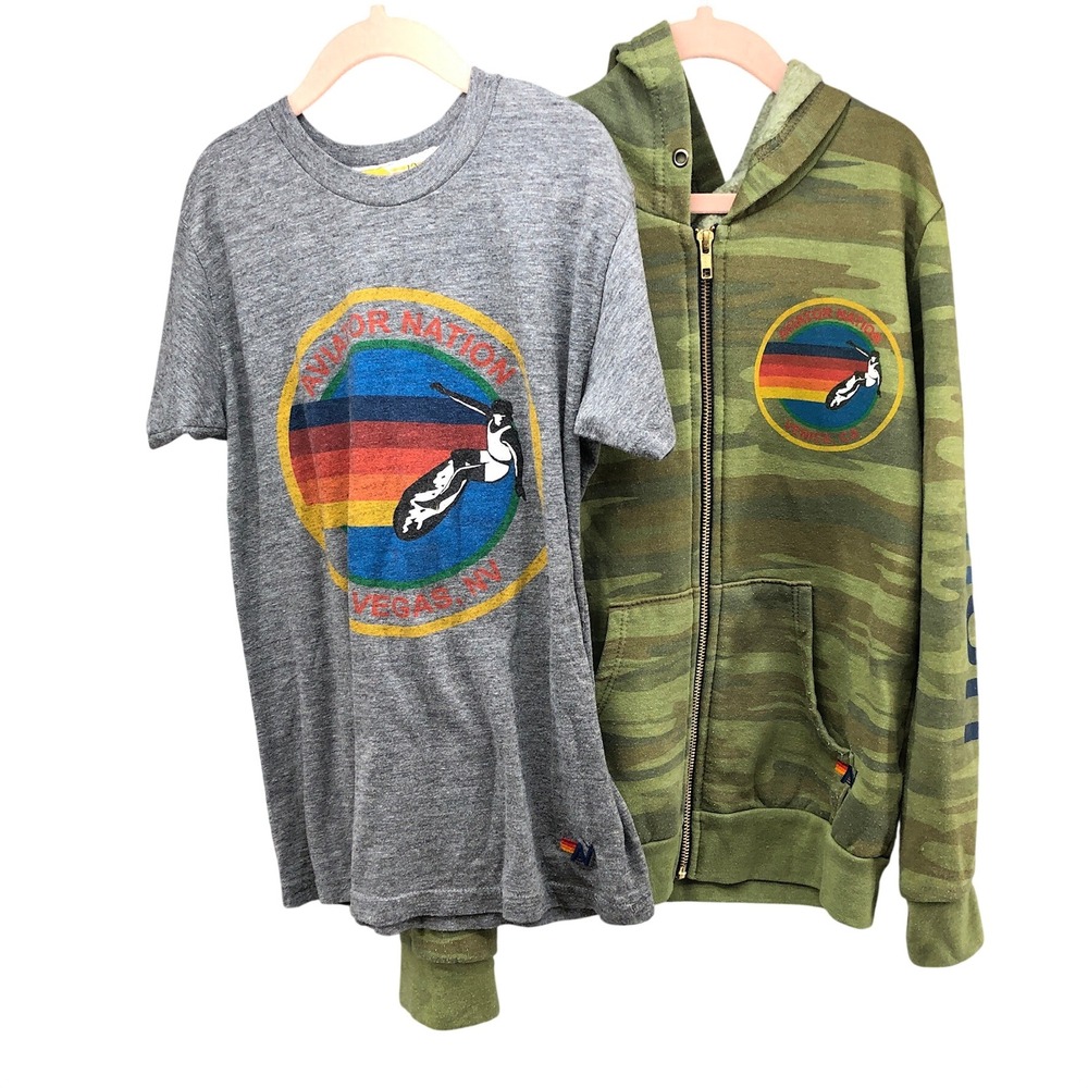 Aviator Nation Hoodie & T-Shirt Set Unisex Size 12 Kids Grey Green Camo Vegas